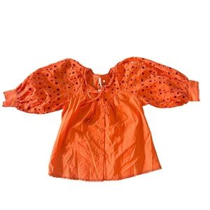 Anthropologie Orange Puff Sleeve Blouse with Bib Collar